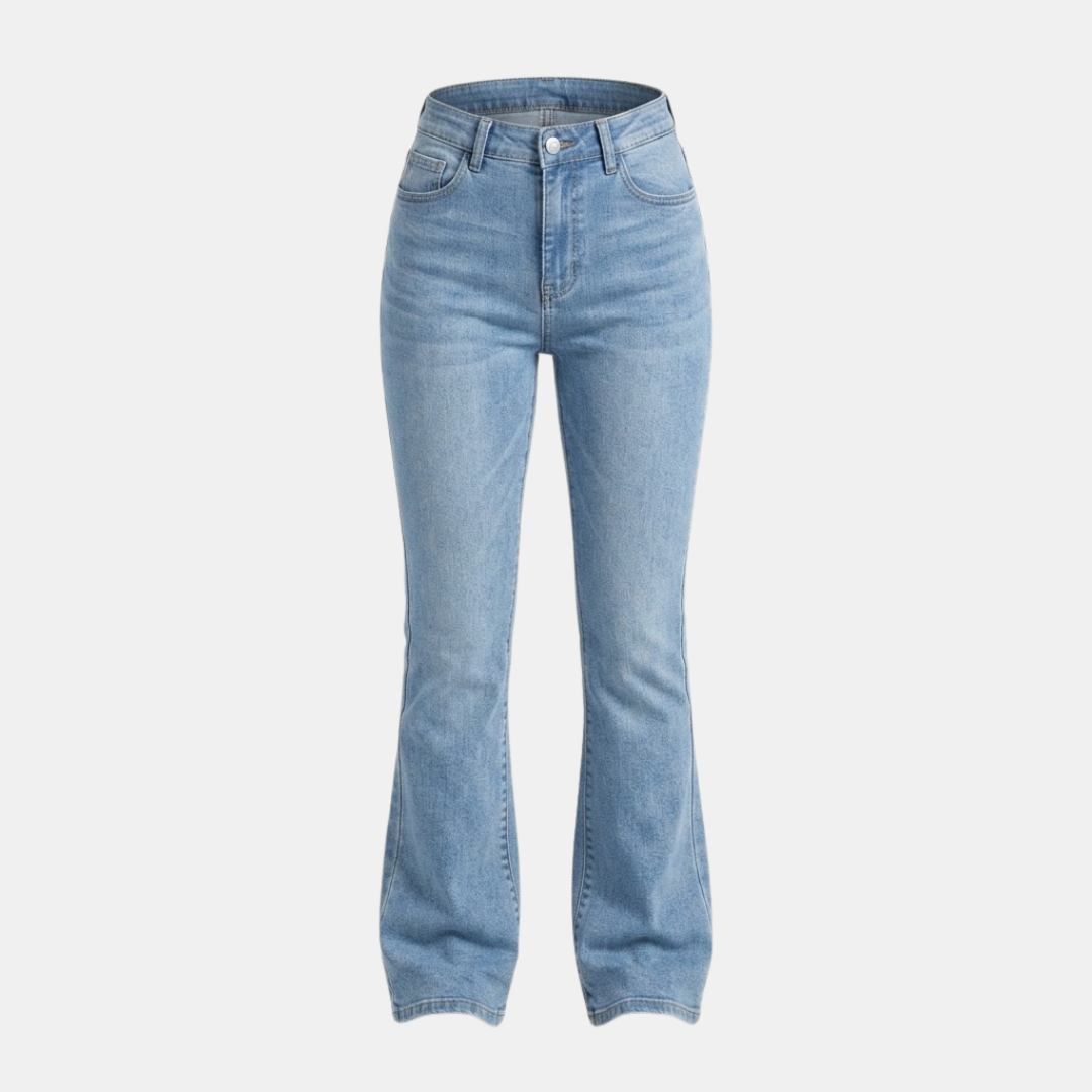 Women's high waist slim fit bootcut jeans made of cotton denim, shown in a natural standing pose.