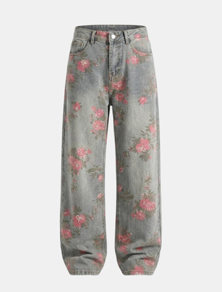 Pink floral baggy wide-leg denim jeans for men by My Store, featuring relaxed fit and stylish floral pattern.