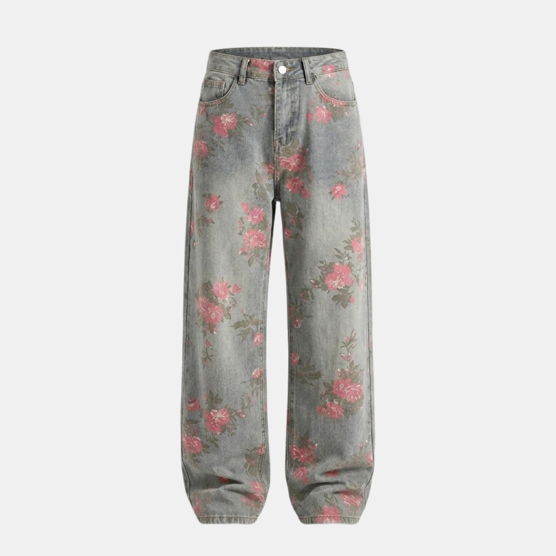 Pink floral baggy wide-leg denim jeans for men by My Store, featuring relaxed fit and stylish floral pattern.