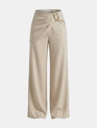 Beige asymmetric waist wide-leg women's pants with a flowing fit and tailored design, perfect for casual or stylish outfits.