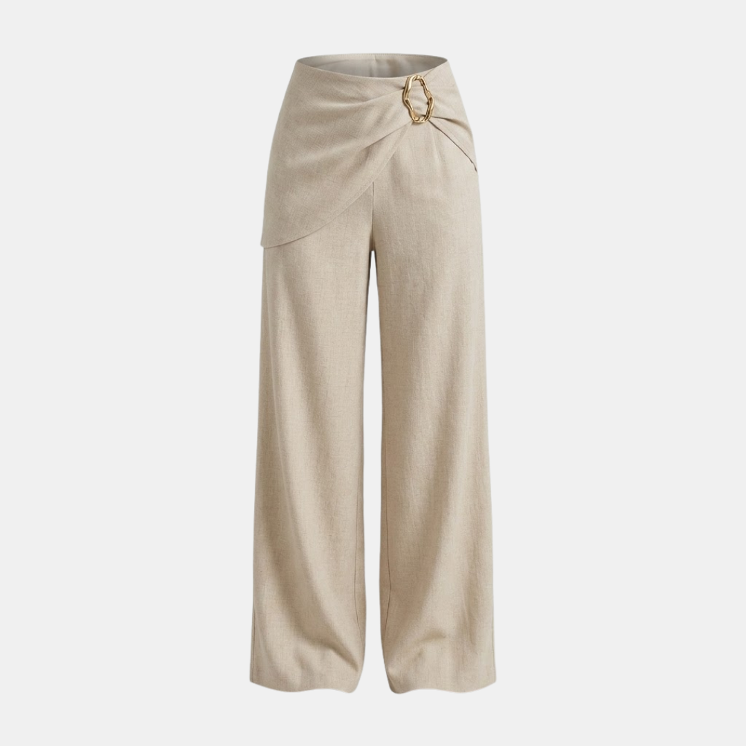 Beige asymmetric waist wide-leg women's pants with a flowing fit and tailored design, perfect for casual or stylish outfits.