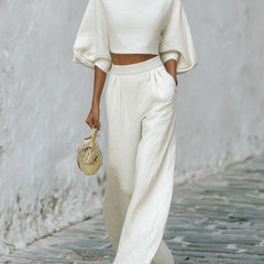 Cream textured lantern sleeve two-piece set with pants for women, stylish and comfortable fashion by My Store.