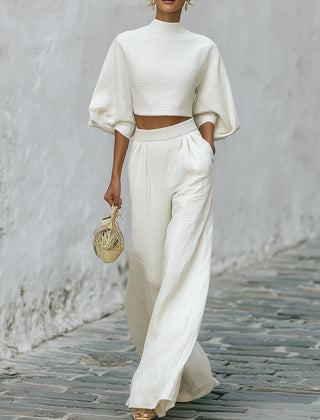 Cream textured lantern sleeve two-piece set with pants for women, stylish and comfortable fashion by My Store.