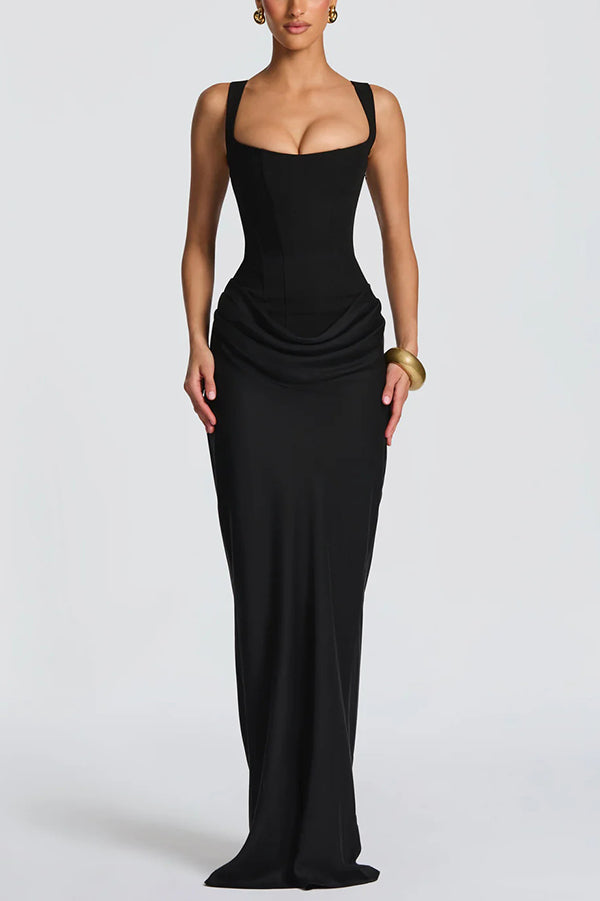 Summer maxi dress for women with square neckline and bodycon fit, stylishly displayed on a model in a summery setting.