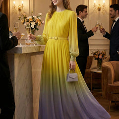 High waisted long sleeve maxi dress with belt, contrast color gradient, pleated split-joint, round neck, from My Store.