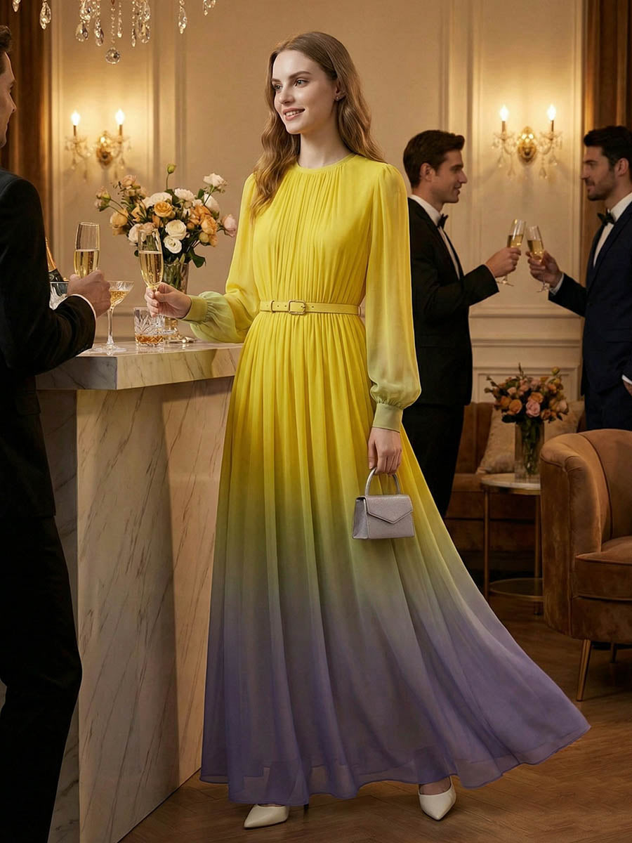 High waisted long sleeve maxi dress with belt, contrast color gradient, pleated split-joint, round neck, from My Store.