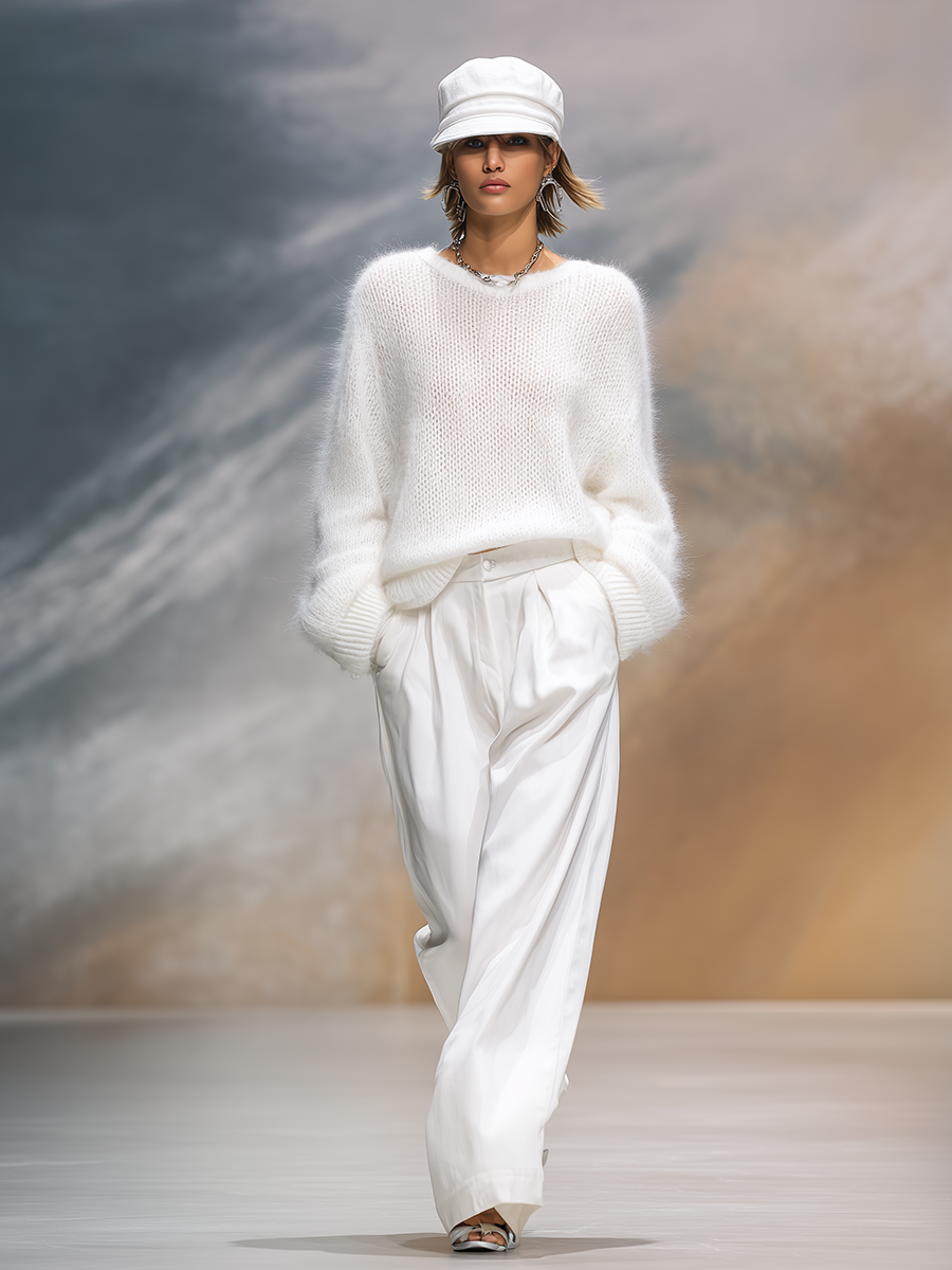 Cream-colored solid round neck loose sweater from My Store, featuring a relaxed fit and soft knit fabric.
