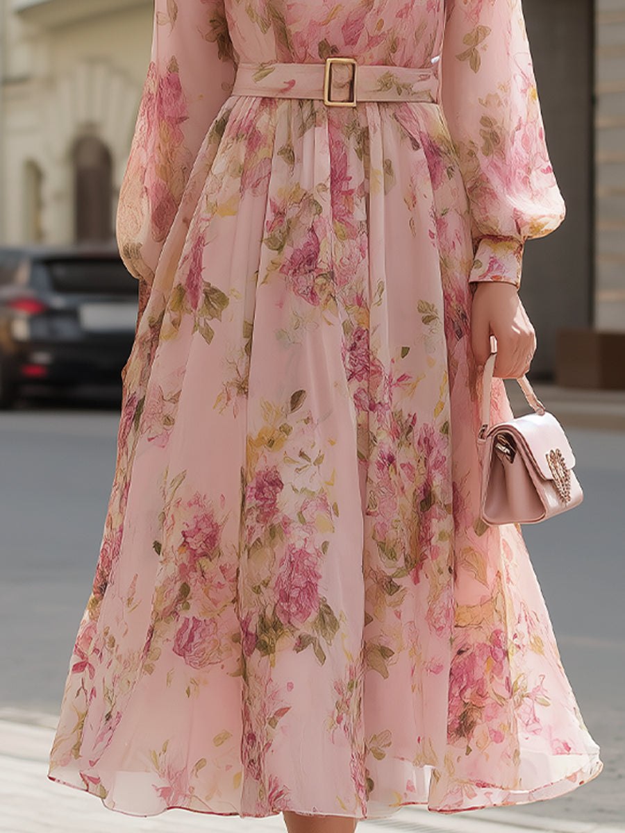 Tammy Bradley blush floral chiffon A-line midi dress for women with a fitted bodice and flowing skirt, perfect for elegant occasions.