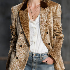 Khaki leopard print colour-block velvet blazer from My Store, stylish jacket with bold animal print and contrasting fabric panels.