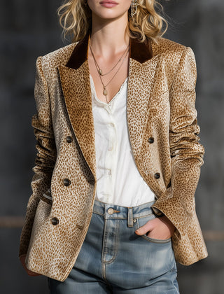 Khaki leopard print colour-block velvet blazer from My Store, stylish jacket with bold animal print and contrasting fabric panels.