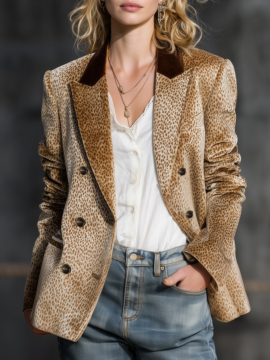 Khaki leopard print colour-block velvet blazer from My Store, stylish jacket with bold animal print and contrasting fabric panels.