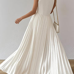 White A-line maxi dress with loose pleats and V-neck from My Store, featuring a solid color design and flowing silhouette.