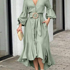 White high-low puff sleeve pleated maxi dress with lapel collar, featuring solid color design and elegant flowy style.