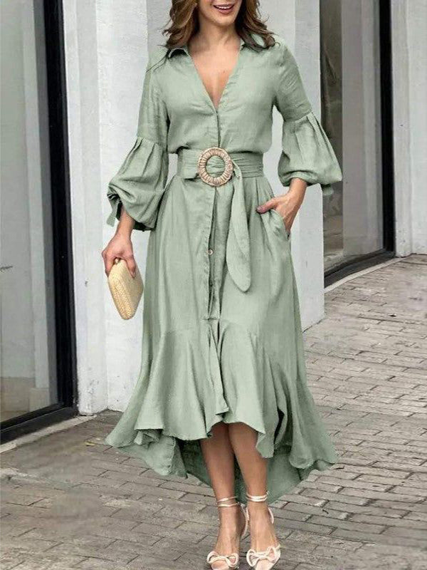 White high-low puff sleeve pleated maxi dress with lapel collar, featuring solid color design and elegant flowy style.