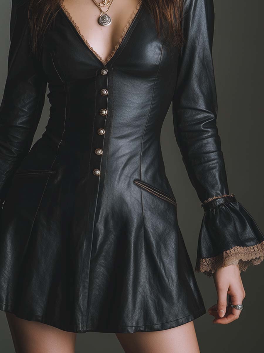 V-neck faux-leather mini dress with lace trim by Tammy Bradley, featuring button details and a stylish, fitted silhouette.