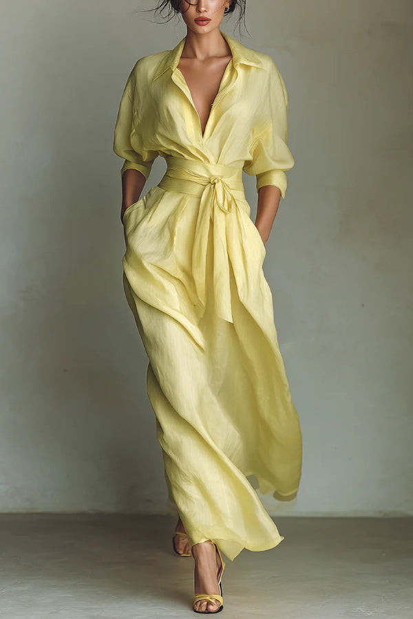 Solid color lapel long sleeve casual maxi dress with pockets and waist-cinching design, perfect for everyday wear.