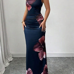 White bodycon sleeveless maxi dress with contrast color flower print and round neck from My Store.