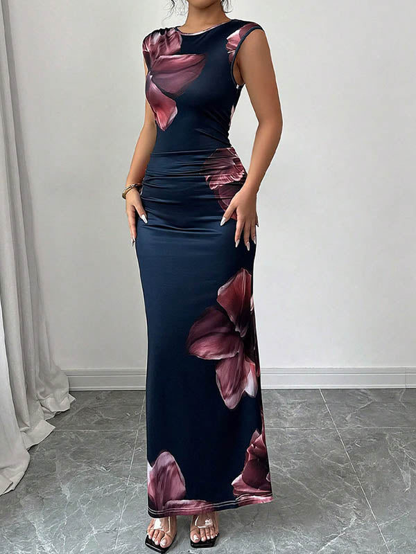 White bodycon sleeveless maxi dress with contrast color flower print and round neck from My Store.