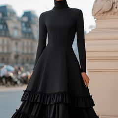 Black high-neck A-line tiered ruffle midi dress from My Store featuring elegant ruffle details and a sophisticated tie neckline.