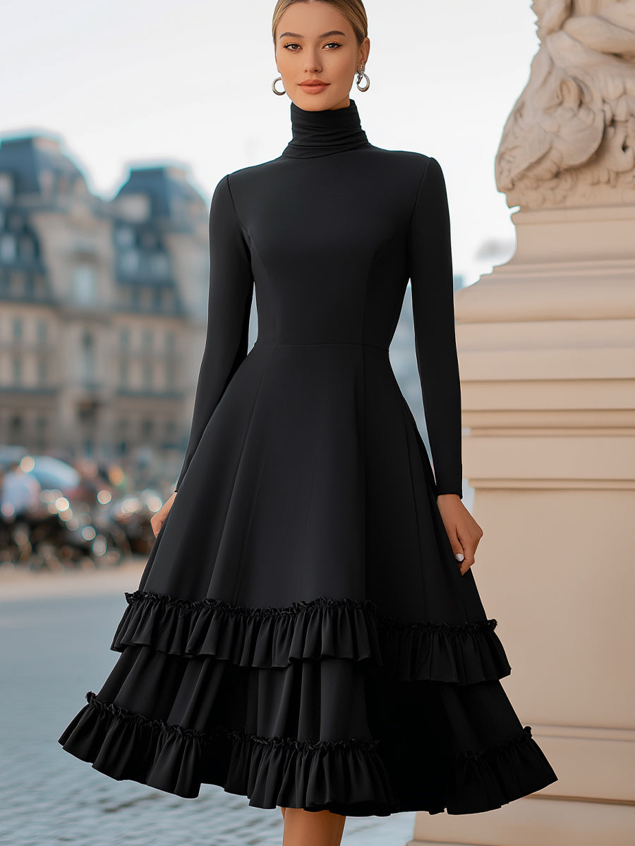 Black high-neck A-line tiered ruffle midi dress from My Store featuring elegant ruffle details and a sophisticated tie neckline.