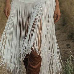 White suede tassel dress by My Store featuring a casual sleeveless design with tassel details and a relaxed fit.