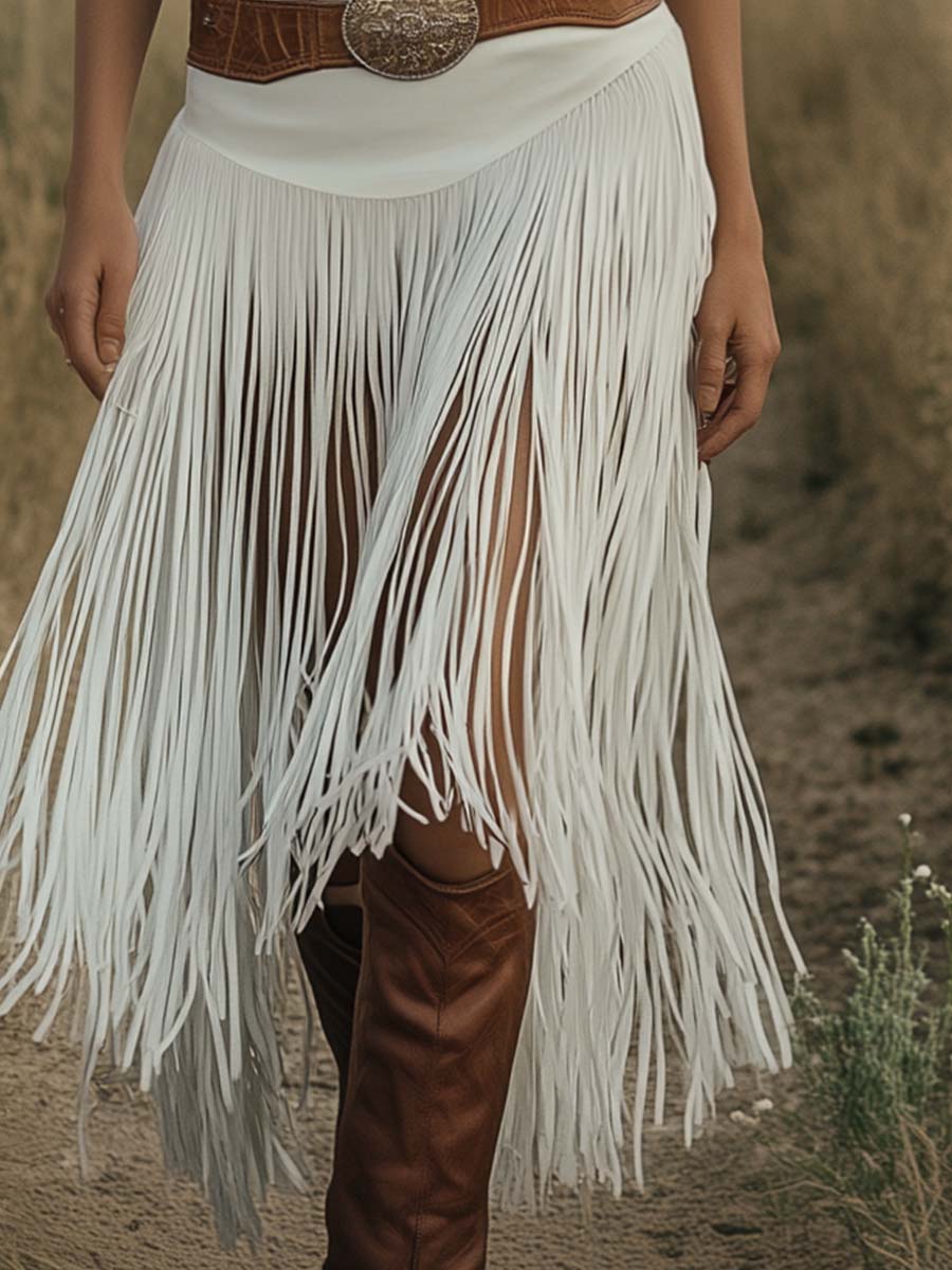 White suede tassel casual dress by My Store featuring a relaxed fit, tassel details, and a stylish, comfortable design.