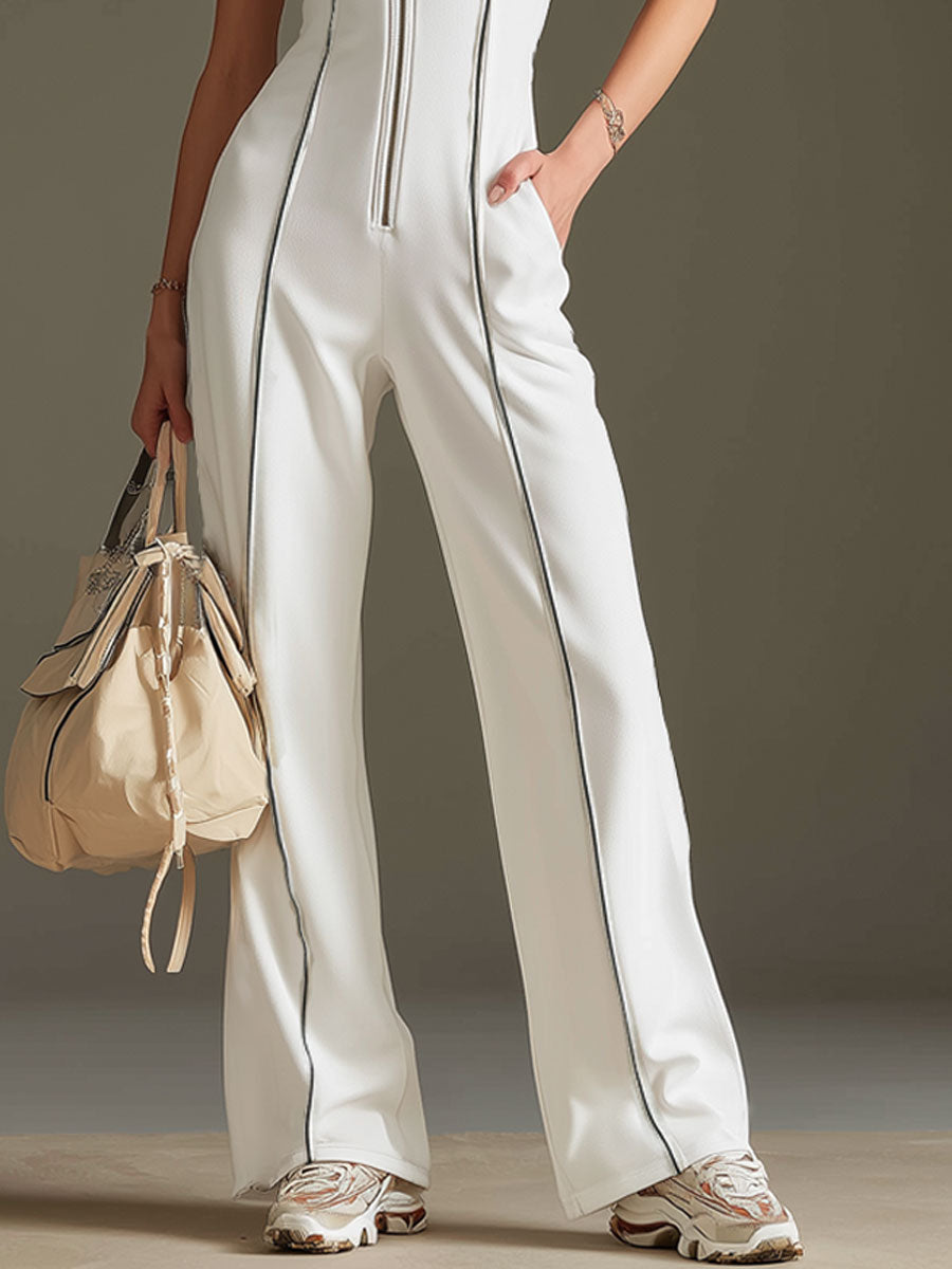 White cotton blend short sleeve wide-leg jumpsuit for women, featuring a relaxed fit and stylish design.