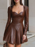 Brown leather sweetheart-neckline mini dress for women by Tammy Bradley, featuring a fitted silhouette and stylish design.