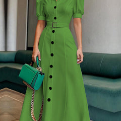 White maxi dress with puff short sleeves, belted waist, button details, and lapel collar from My Store's sleeveless dress collection.