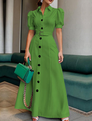 White maxi dress with puff short sleeves, belted waist, button details, and lapel collar from My Store's sleeveless dress collection.
