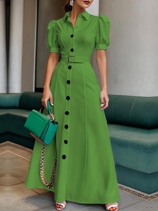 White maxi dress with puff short sleeves, belted waist, button details, and lapel collar from My Store's sleeveless dress collection.