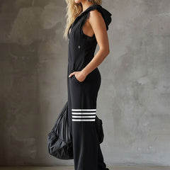 Black striped sleeveless hooded jumpsuit for women, featuring a relaxed fit and stylish design, perfect for casual wear.