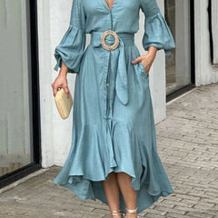 White high-low puff sleeve pleated maxi dress with lapel collar, stylish solid color dress from My Store.