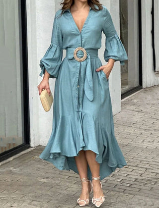 White high-low puff sleeve pleated maxi dress with lapel collar, stylish solid color dress from My Store.