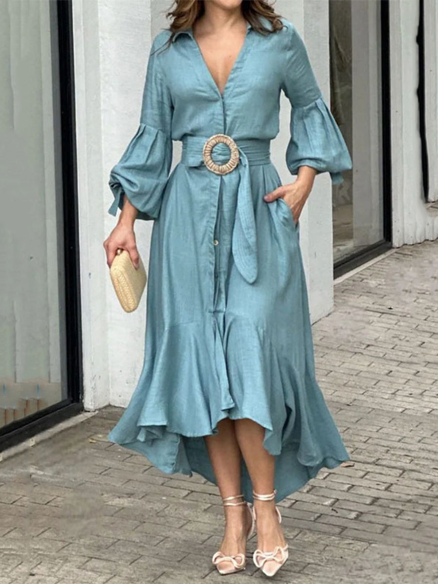 White high-low puff sleeve pleated maxi dress with lapel collar, stylish solid color dress from My Store.