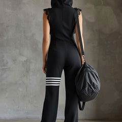 Black striped sleeveless hooded jumpsuit for women featuring a relaxed fit and casual style, ideal for everyday wear.