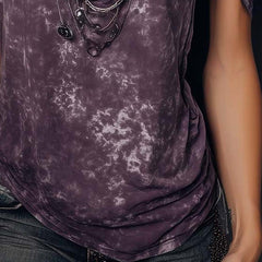 Purple boho tie-dye strappy cami top for women, short sleeve T-shirt with a relaxed fit and vibrant pattern.