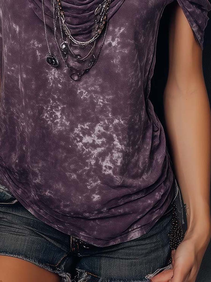 Purple boho tie-dye strappy cami top for women, short sleeve T-shirt with a relaxed fit and vibrant pattern.