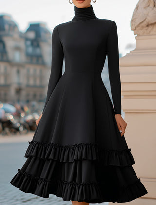 Black high-neck A-line tiered ruffle midi dress by My Store, showcasing the elegant design and flowing fabric.
