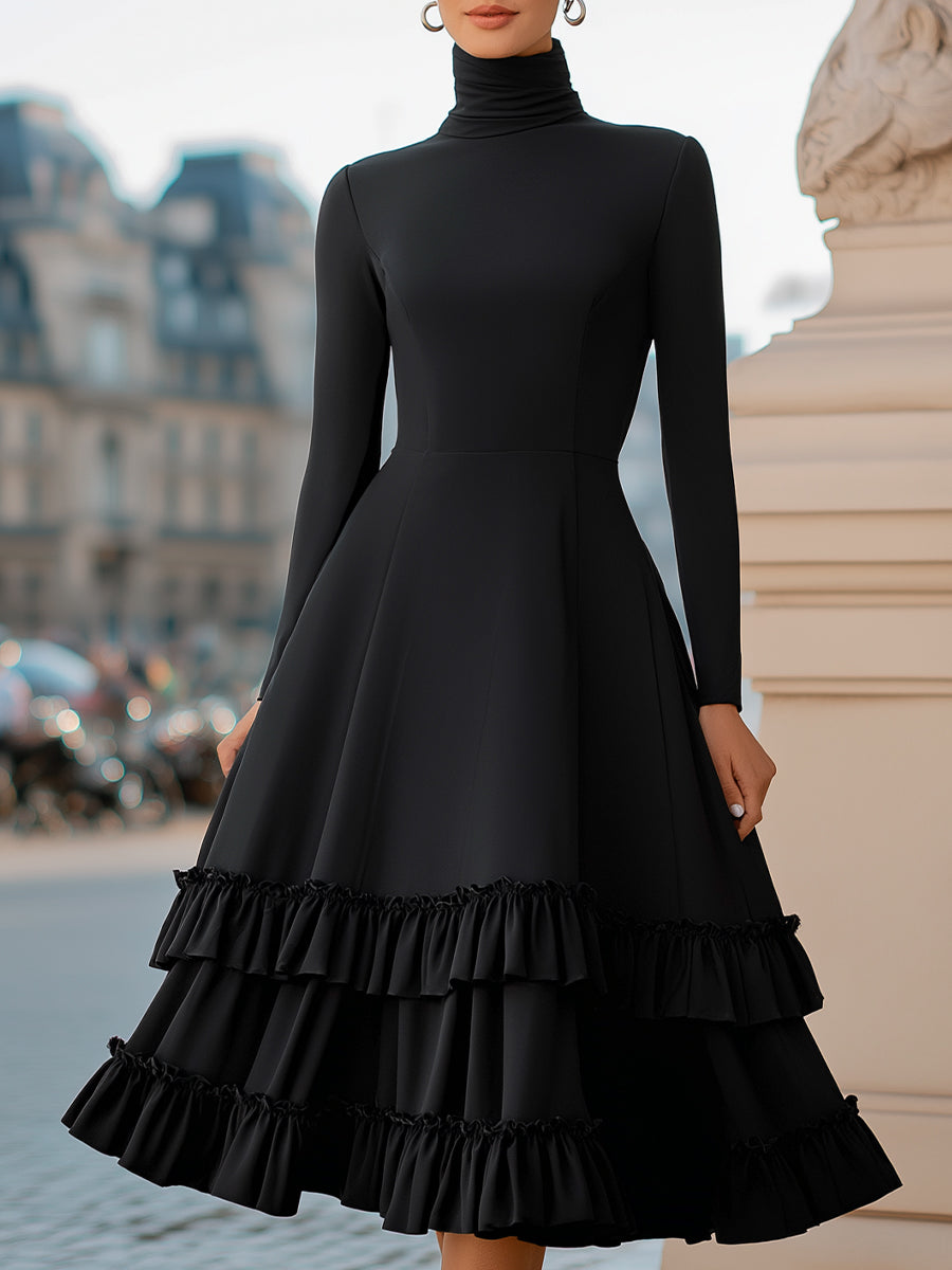 Black high-neck A-line tiered ruffle midi dress by My Store, showcasing the elegant design and flowing fabric.