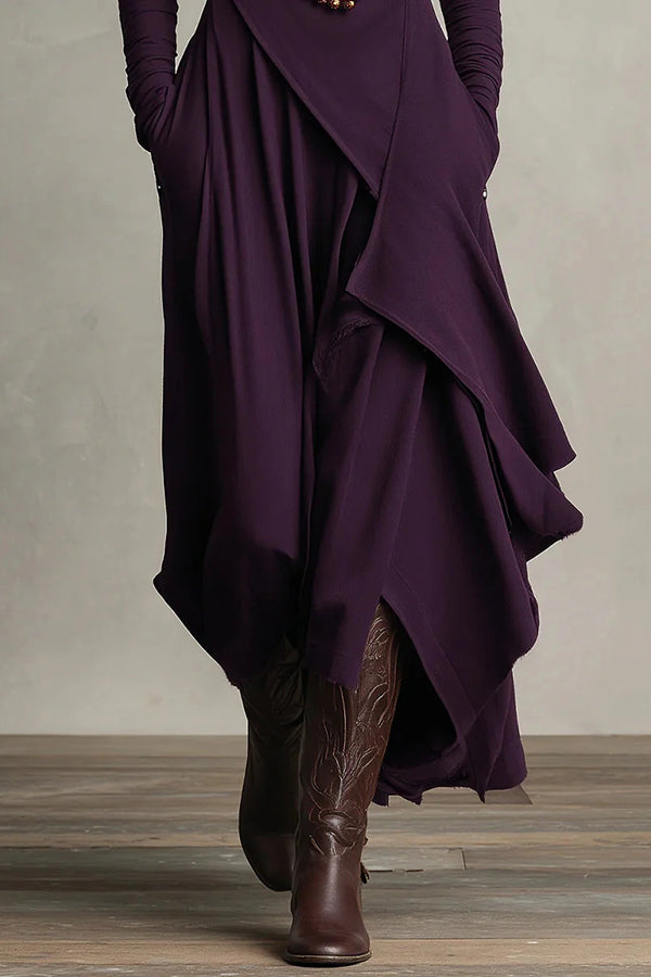 Solid color high-neck long-sleeve irregular casual maxi dress from My Store, featuring a flowing silhouette and relaxed fit.