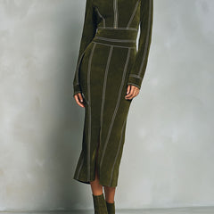 Olive green high-neck zip-up bodycon midi dress from My Store, close-up of fitted dress with long sleeves and front zipper.