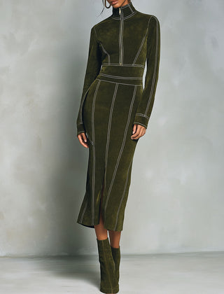Olive green high-neck zip-up bodycon midi dress from My Store, close-up of fitted dress with long sleeves and front zipper.