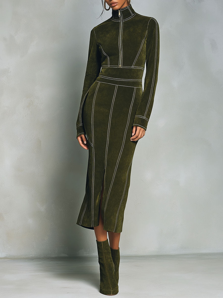 Olive green high-neck zip-up bodycon midi dress from My Store, close-up of fitted dress with long sleeves and front zipper.