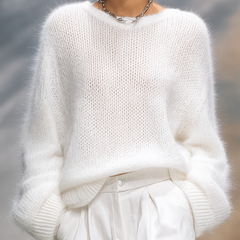 Light gray solid color round neck loose sweater, casual pullover style, made by My Store, comfortable and stylish for everyday wear.