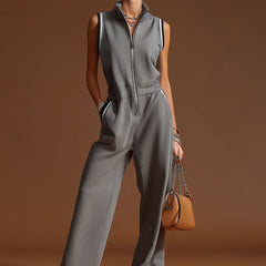 Dark grey cotton blend sleeveless zip-up jumpsuit for women, featuring a fitted design and casual style.