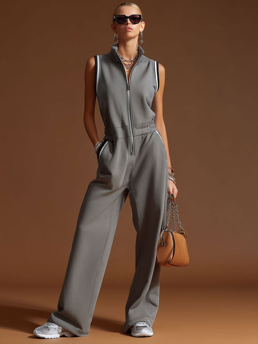 Dark grey cotton blend sleeveless zip-up jumpsuit for women, featuring a fitted design and casual style.