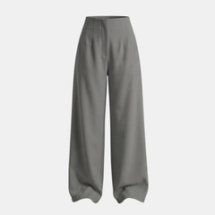 Women's high-waisted tailored wide-leg trousers in neutral fabric, styled for a chic and professional look.