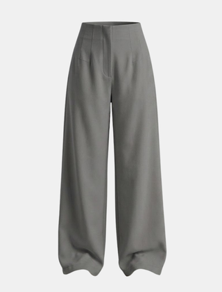 Women's high-waisted tailored wide-leg trousers in neutral fabric, styled for a chic and professional look.
