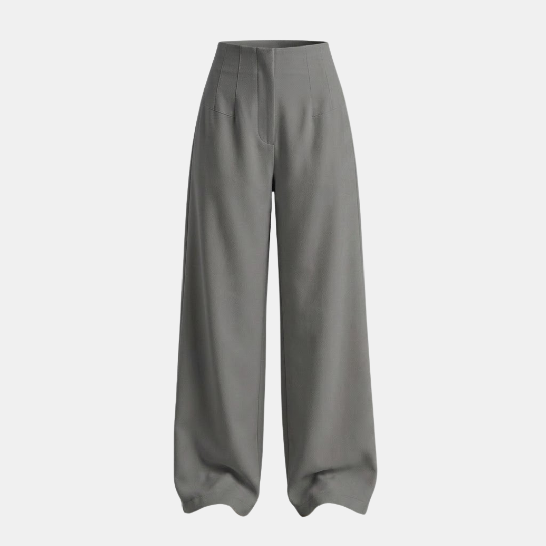 Women's high-waisted tailored wide-leg trousers in neutral fabric, styled for a chic and professional look.